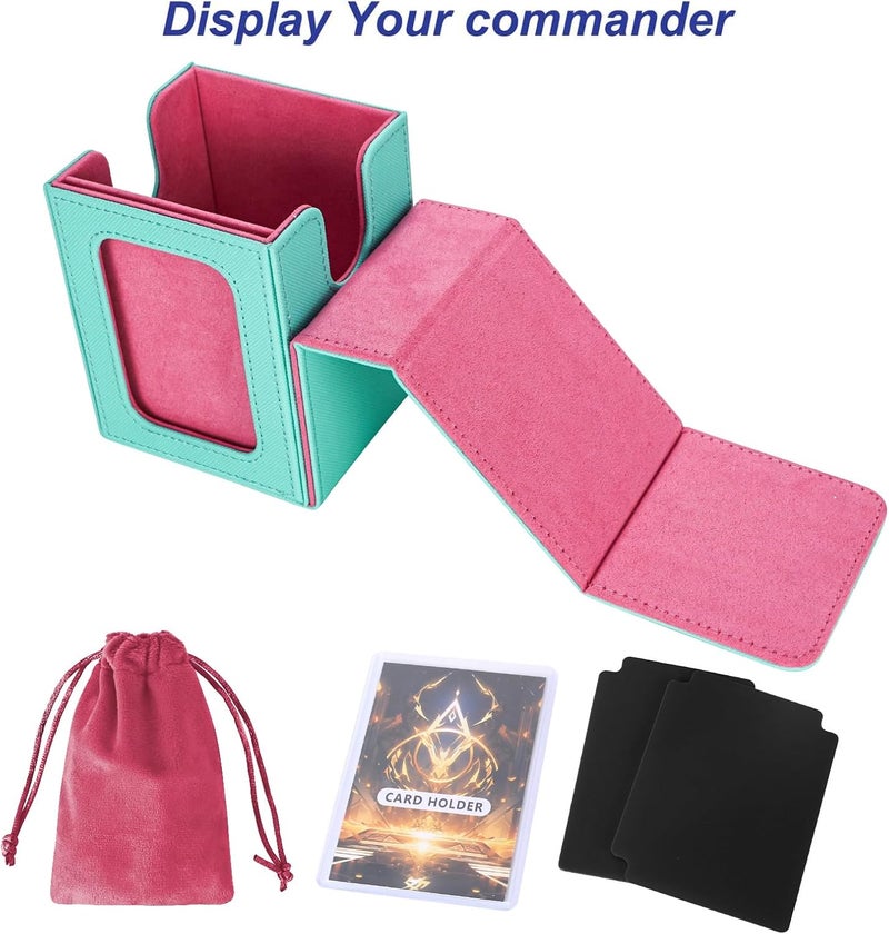 AFIING MTG Deck Box for Commander Display,Card Deck Case Fits 100 Double Sleeved Cards, Magic Commander TCG Card Storage Box with 2 Dividers,Dice Bag and 1 Toploader(Green Rose pink) - Image 4